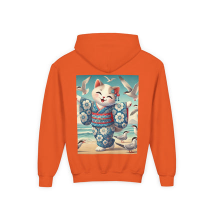 Geisha Kitten by the Seaside Youth Hooded Sweatshirt – Coastal Charm & Playful Style