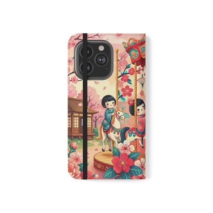 🎠🌸 Geisha Kitten's Enchanted Carousel Flip Case – Whimsical Dreams & Cherry Blossom Magic