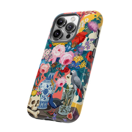 Floral Vanitas Phone Case – Parrot & Porcelain Splendor