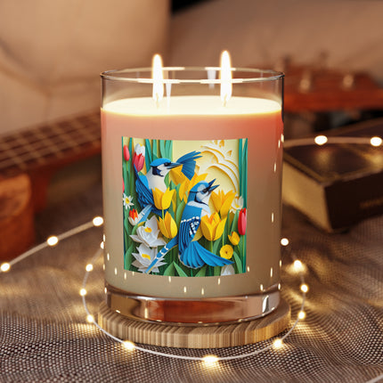 Blue Jays in a Spring Garden Scented Candle - Full Glass, 11oz - The White Tea & Fig, The Lavender & Sage, and The Ocean Mist & Moss