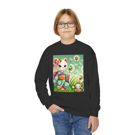 Geisha Kitten and the Dandelion Wish Youth Crewneck Sweatshirt – Gentle Magic, Dreams & Quiet Beauty
