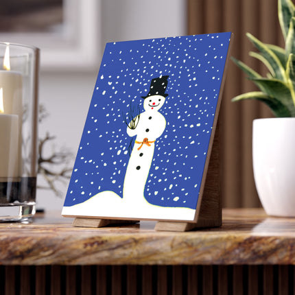 Snowman in Falling Snow Ceramic Tile