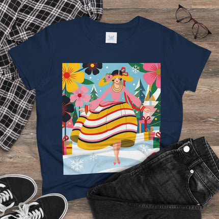 🎄🌸 The Christmas Blossom Belle Cotton Tee – Art Deco Holiday Whimsy
