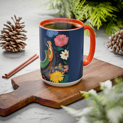The Lady And The Crimson Moonbird Colorful Mugs – Art Deco Whimsical Garden Elegance
