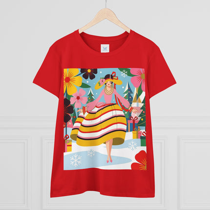 🎄🌸 The Christmas Blossom Belle Cotton Tee – Art Deco Holiday Whimsy