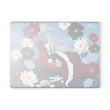 🌺💌 The Lady Of The Scarlet Chaise Glass Cutting Board – Art Deco Floral Fashion Elegance