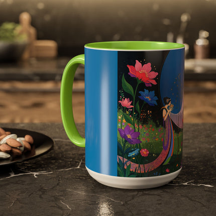 The Lady And The Moonlit Peak Colorful Mugs – Art Deco Alpine Garden Elegance