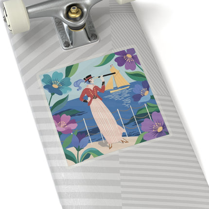 🌊🔭 The Lady Of The Seaside Lookout Kiss-Cut Stickers – Art Deco Nautical Adventure