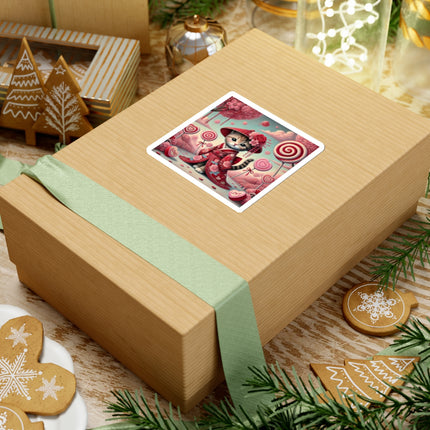 Whimsical Geisha Kitten in a Valentine Garden Kiss-Cut Stickers (4 Sizes)