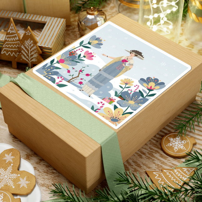 🌹❄️ The Lady Of The Winter Rose Garden Kiss-Cut Sticker – Art Deco Holiday Fantasy