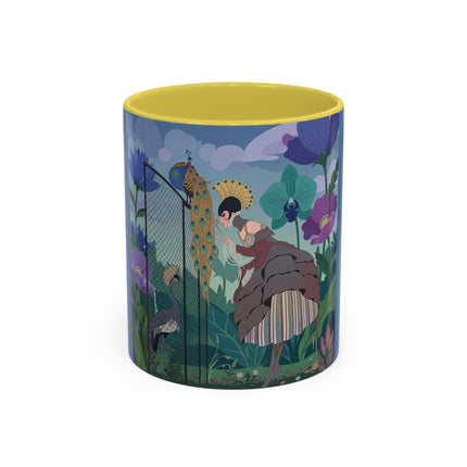 The Lady And The Enchanted Heron Colorful Mugs – Art Deco Botanical Elegance