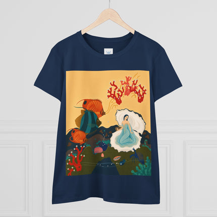 🐚🪸 The Lady Of The Coral Reef Cotton Tee – Art Deco Ocean Fantasy