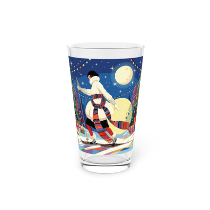 🌙🎿 The Moonlit Christmas Skier Pint Glass – Whimsical Holiday Fantasy