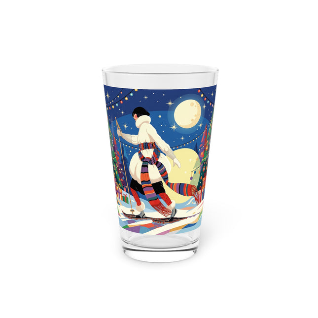 🌙🎿 The Moonlit Christmas Skier Pint Glass – Whimsical Holiday Fantasy
