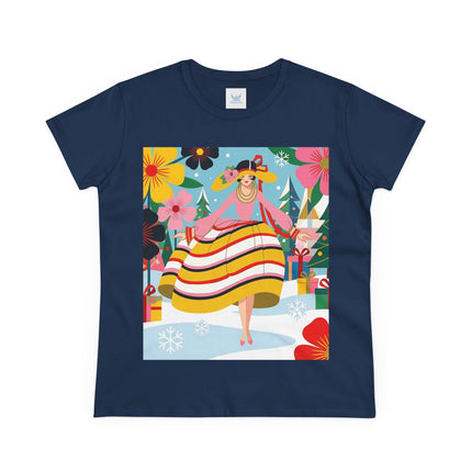 🎄🌸 The Christmas Blossom Belle Cotton Tee – Art Deco Holiday Whimsy