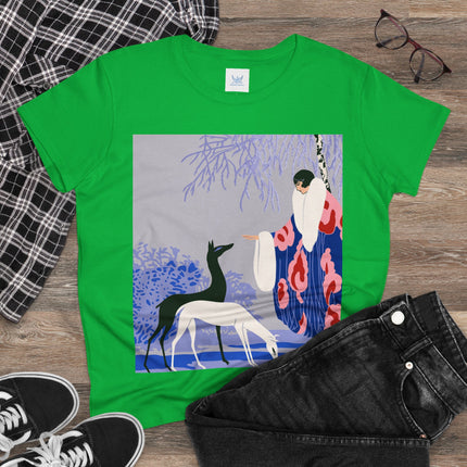 🦌🌸 The Lady Of The Graceful Deer Cotton Tee – Art Deco Garden Elegance