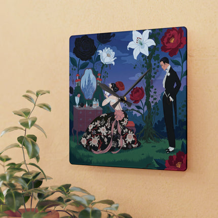 🌹🪞 The Lady Of The Midnight Garden Vanity Acrylic Wall Clock – Art Deco Floral Romance