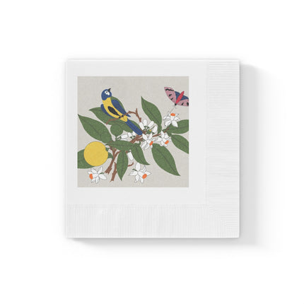 Blue Tit & Butterfly White Coined Napkins – Spring Harmony & Delicate Beauty
