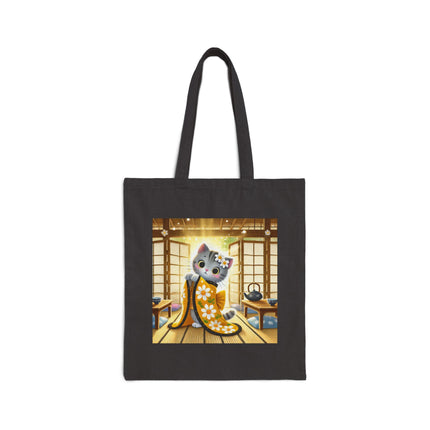 Playful Kitten in the Tea Room Cotton Canvas Tote Bag