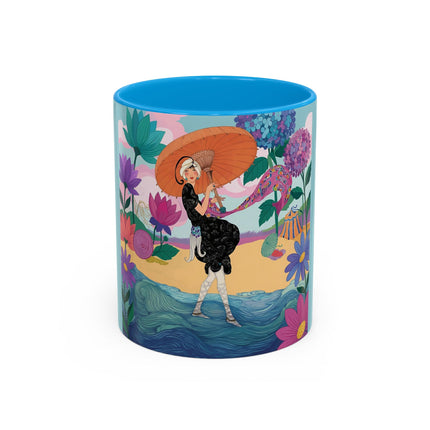 The Lady Of The Coral Parasol Colorful Mugs – Art Deco Coastal Elegance