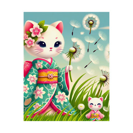 🌾🌼 Geisha Kitten and the Dandelion Wish Matte Vertical Poster – Gentle Wishes & Quiet Wonder