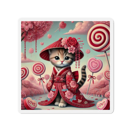 Whimsical Geisha Kitten in a Valentine Garden Die-Cut Magnets (5 Sizes)