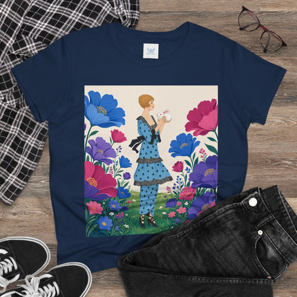 🐇🌺 The Little Rabbit Garden Cotton Tee – Art Deco Floral Whimsy