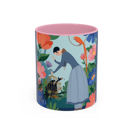 The Lady And The Mysterious Bird Colorful Mugs – Art Deco Botanical Mystery