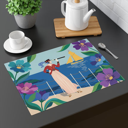🌊🔭 The Lady Of The Seaside Lookout Placemat – Art Deco Nautical Adventure