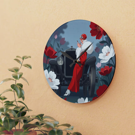 🚗🌺 The Lady Of The Scarlet Roadster Acrylic Wall Clock – Art Deco Motoring Elegance