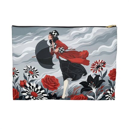 🌹☂️ The Lady In The Storm Accessory Pouch – Art Deco Floral Drama