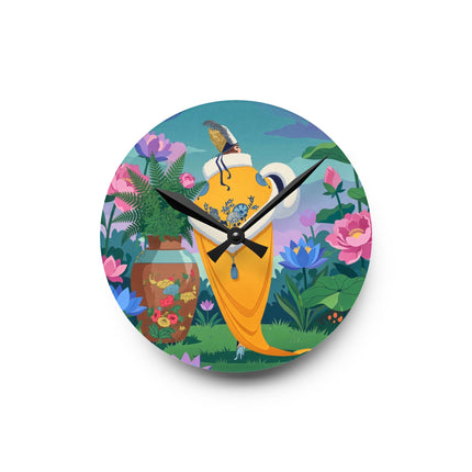 🌺✨ The Lady Of The Golden Lotus Garden Acrylic Wall Clock – Art Deco Floral Fantasy