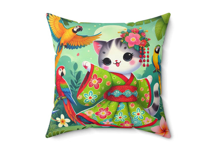 Parrot Dance of the Geisha Kitten Spun Polyester Square Pillow