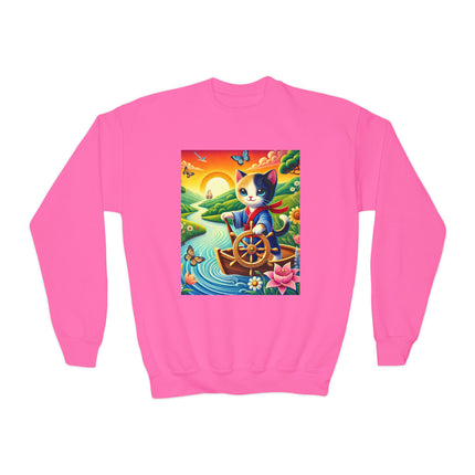 Sailor Kitten’s River Adventure Youth Crewneck Sweatshirt – Exploration, Joy & Storybook Adventure