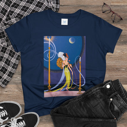 Smoke and Secrets: A Glamorous Encounter in Prohibition Era Women's Midweight Cotton Tee