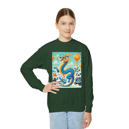 Blue & Gold Dragon Festival Parade Youth Crewneck Sweatshirt – Celebration, Color & Joyful Movement