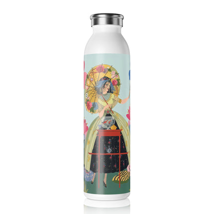 🌸🪞 The Lady Of The Flowered Parasol Slim Water Bottle – Art Deco Floral Whimsy