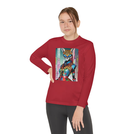 Cyber Cat Glamour Youth Long Sleeve Competitor Tee – Neon Elegance & Futuristic Style