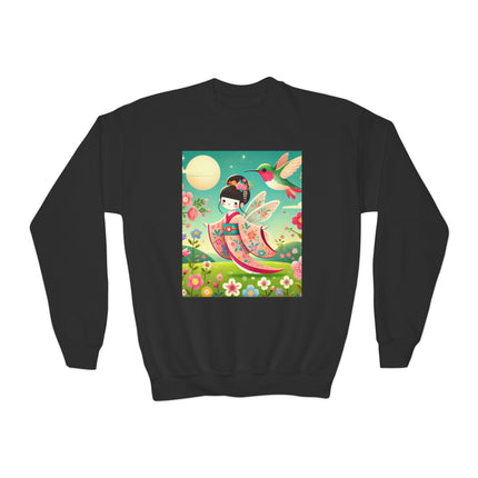 Geisha Fairy and the Hummingbird Blossom Youth Crewneck Sweatshirt – Magic, Grace & Dreamlike Beauty
