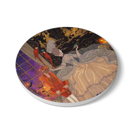 🌙🎃 The Moonlit Parlor Masquerade Ceramic Coaster – Elegant Halloween Romance