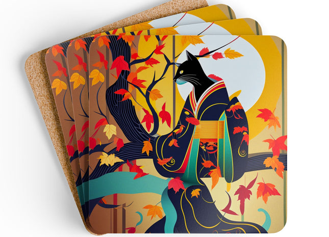 Black Cat in Kimono Corkwood Coaster Set
