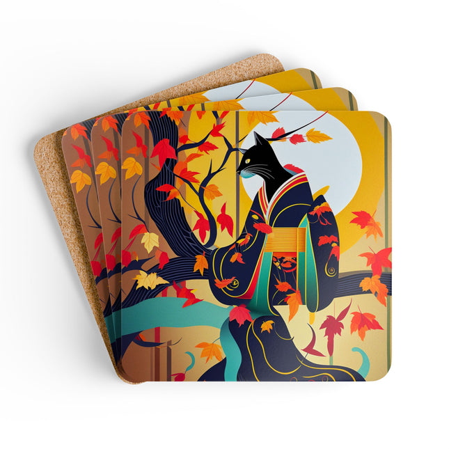 Black Cat in Kimono Corkwood Coaster Set