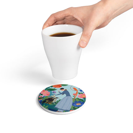 🦜🌺 The Lady Of The Garden Aviary Ceramic Coaster – Art Deco Floral Whimsy