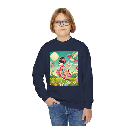 Geisha Fairy and the Hummingbird Blossom Youth Crewneck Sweatshirt – Magic, Grace & Dreamlike Beauty