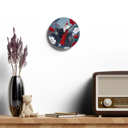 🚗🌺 The Lady Of The Scarlet Roadster Acrylic Wall Clock – Art Deco Motoring Elegance