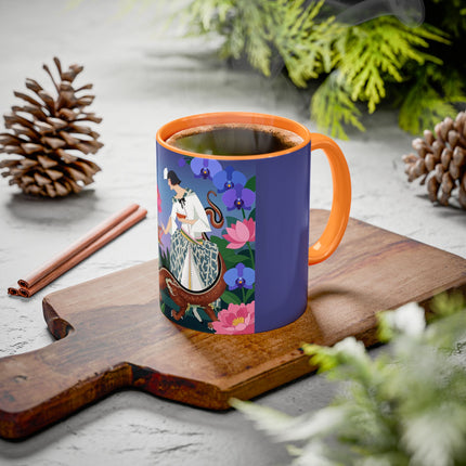 The Lady And The Garden Dragon Colorful Mugs – Art Deco Mythical Botanical Elegance