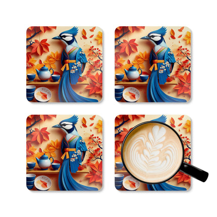 Blue Jay at an Autumn Tea Ceremony Corkwood Coaster Set