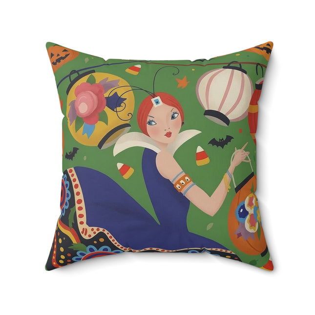 🏮🎃 The Lady Of Halloween Lanterns Square Pillow – Colorful Art Deco Halloween Charm