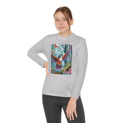 A Colorful Raptor Youth Long Sleeve Competitor Tee – Dino Adventure & Forest Wonder