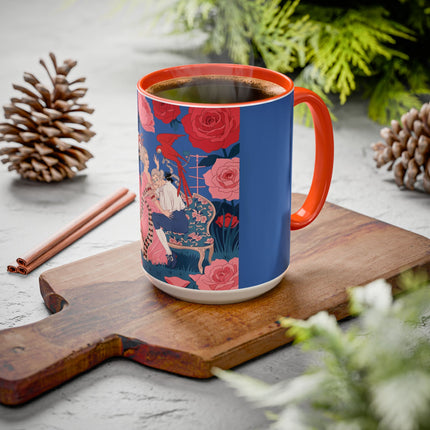 The Lady And The Scarlet Macaw Colorful Mugs – Art Deco Floral Elegance